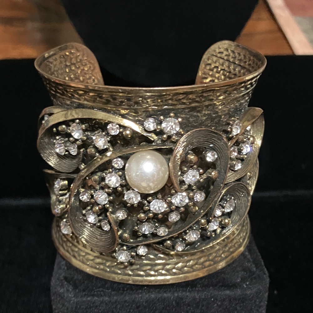 Bombay Gold-Tone Filigree Cuff Bracelet with Pearl & Clear Crystals
